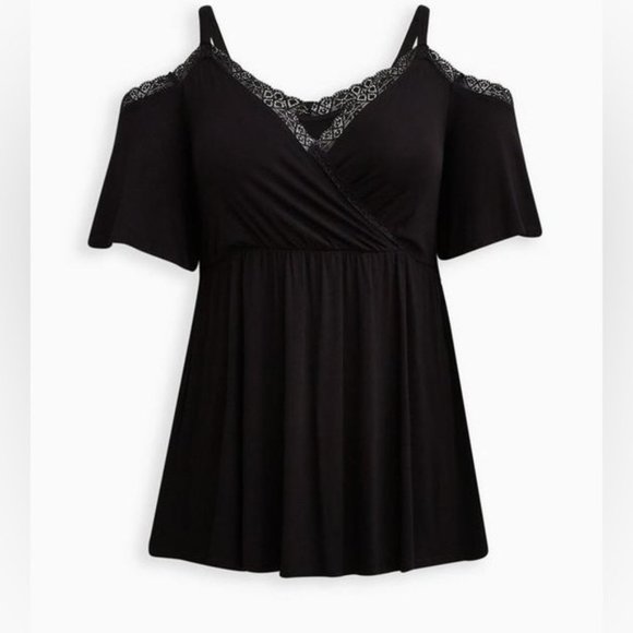 Women’s Torrid 0 Black Babydoll Super Soft Surplice Lace Trim Cold Shoulder Top - Picture 3 of 15